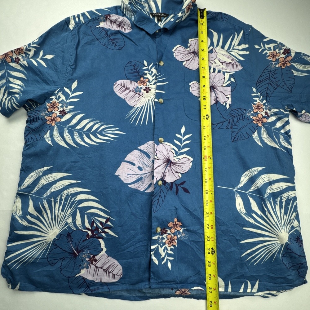 George Button Down Shirt Tropical Floral Hibiscus Print‎ XL Blue Short Sleeve - Picture 4 of 7